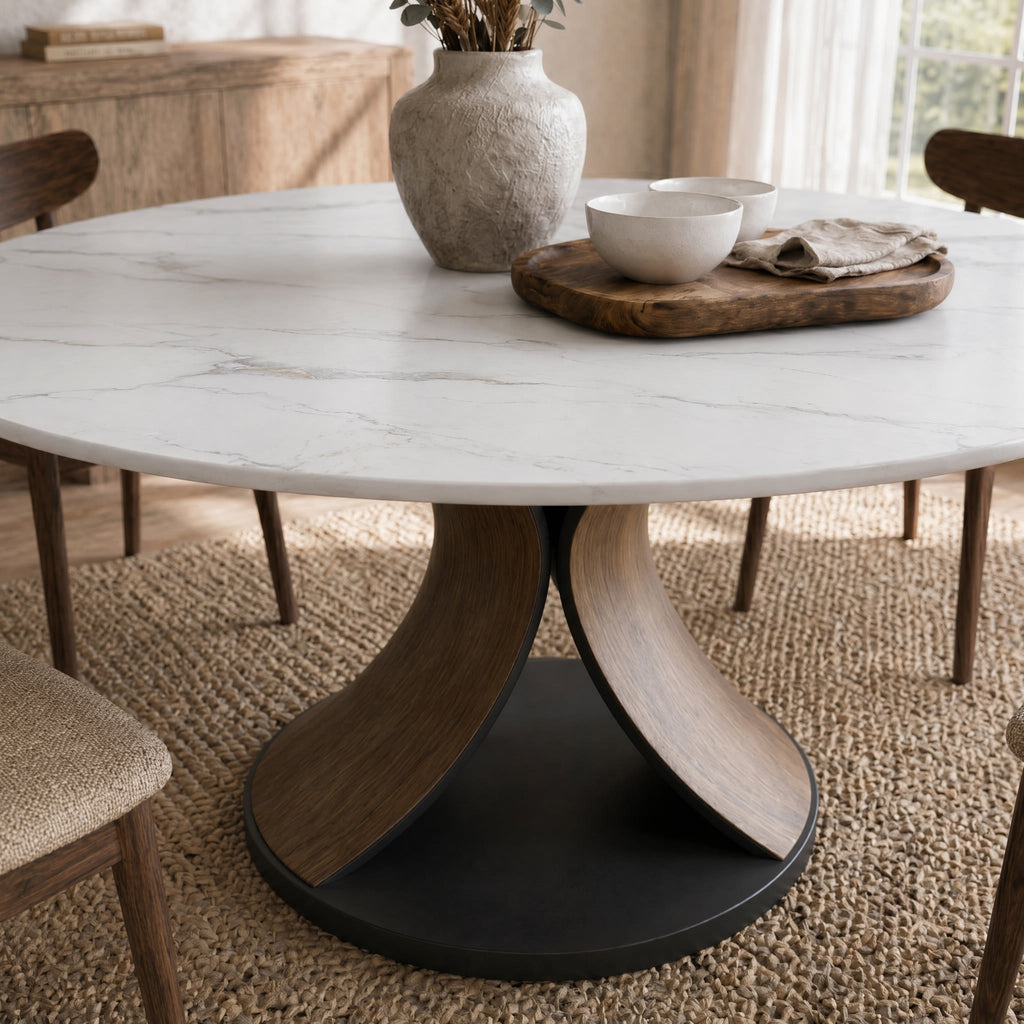 Mid-Century Round Dining Table With Sintered Stone Top & Solid Wood Splayed Leg Base For 2-8 - image 1