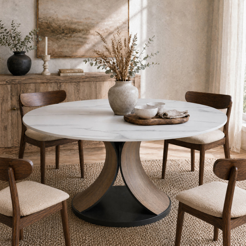 Mid-Century Round Dining Table With Sintered Stone Top & Solid Wood Splayed Leg Base For 2-8 - Snowy White - 63"Table - image 0