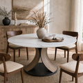 Mid-Century Round Dining Table With Sintered Stone Top & Solid Wood Splayed Leg Base For 2-8 - Snowy White - 63"Table - image 0