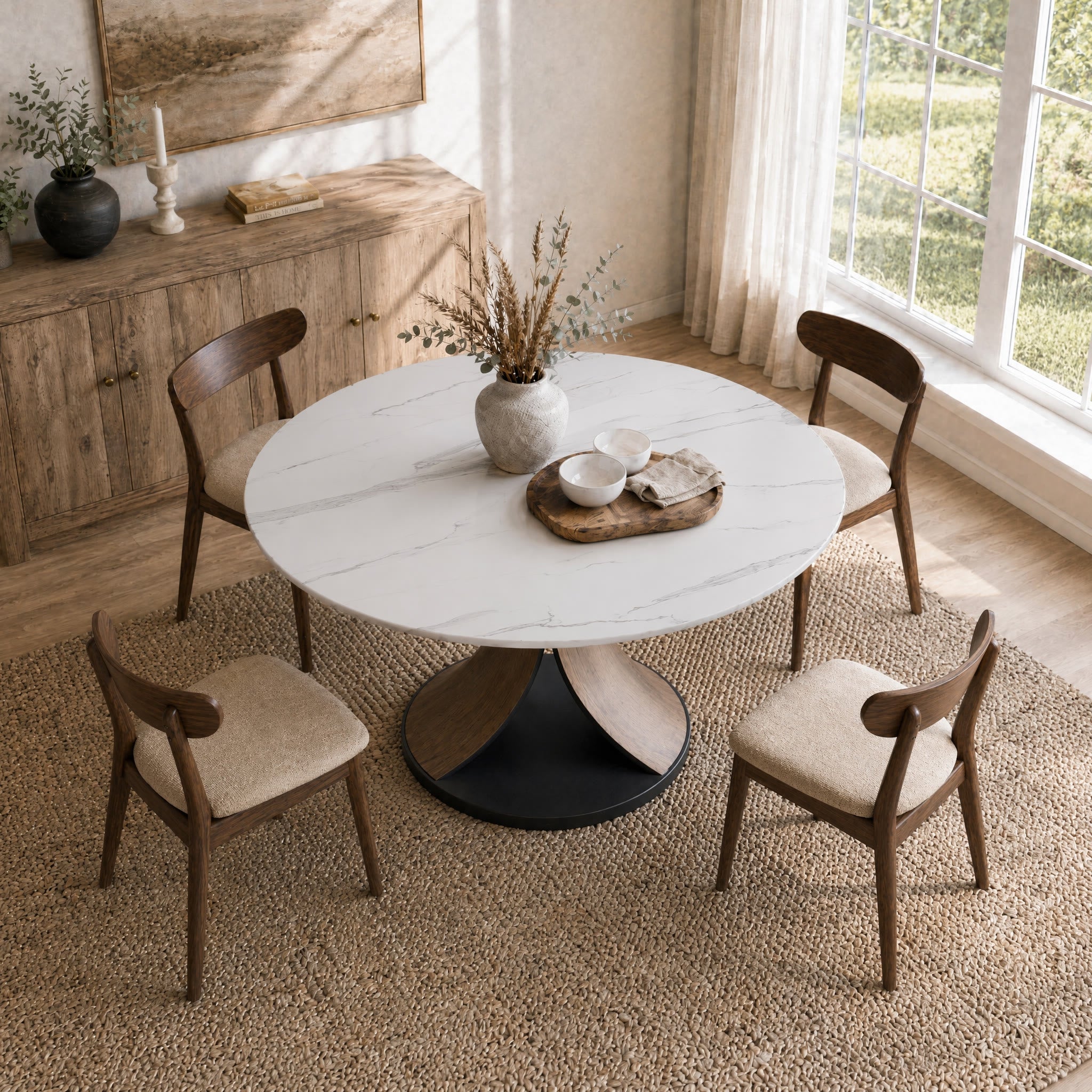 Mid-Century Round Dining Table With Sintered Stone Top & Solid Wood Splayed Leg Base For 2-8 - image 4