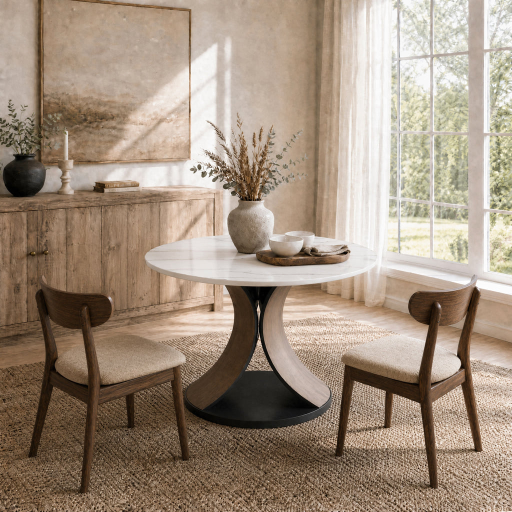 Mid-Century Round Dining Table With Sintered Stone Top & Solid Wood Splayed Leg Base For 2-8 - image 3