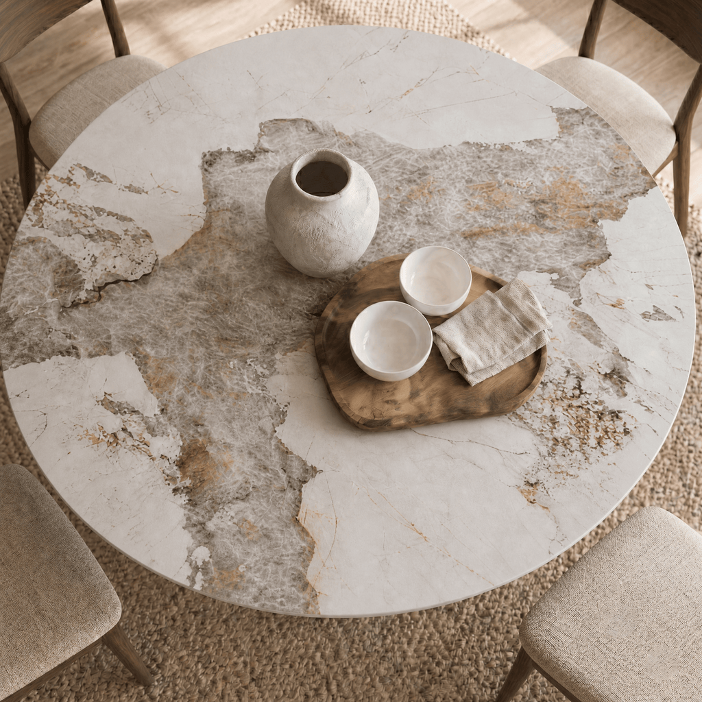 Mid-Century Round Dining Table With Sintered Stone Top & Solid Wood Splayed Leg Base For 2-8 - image 7