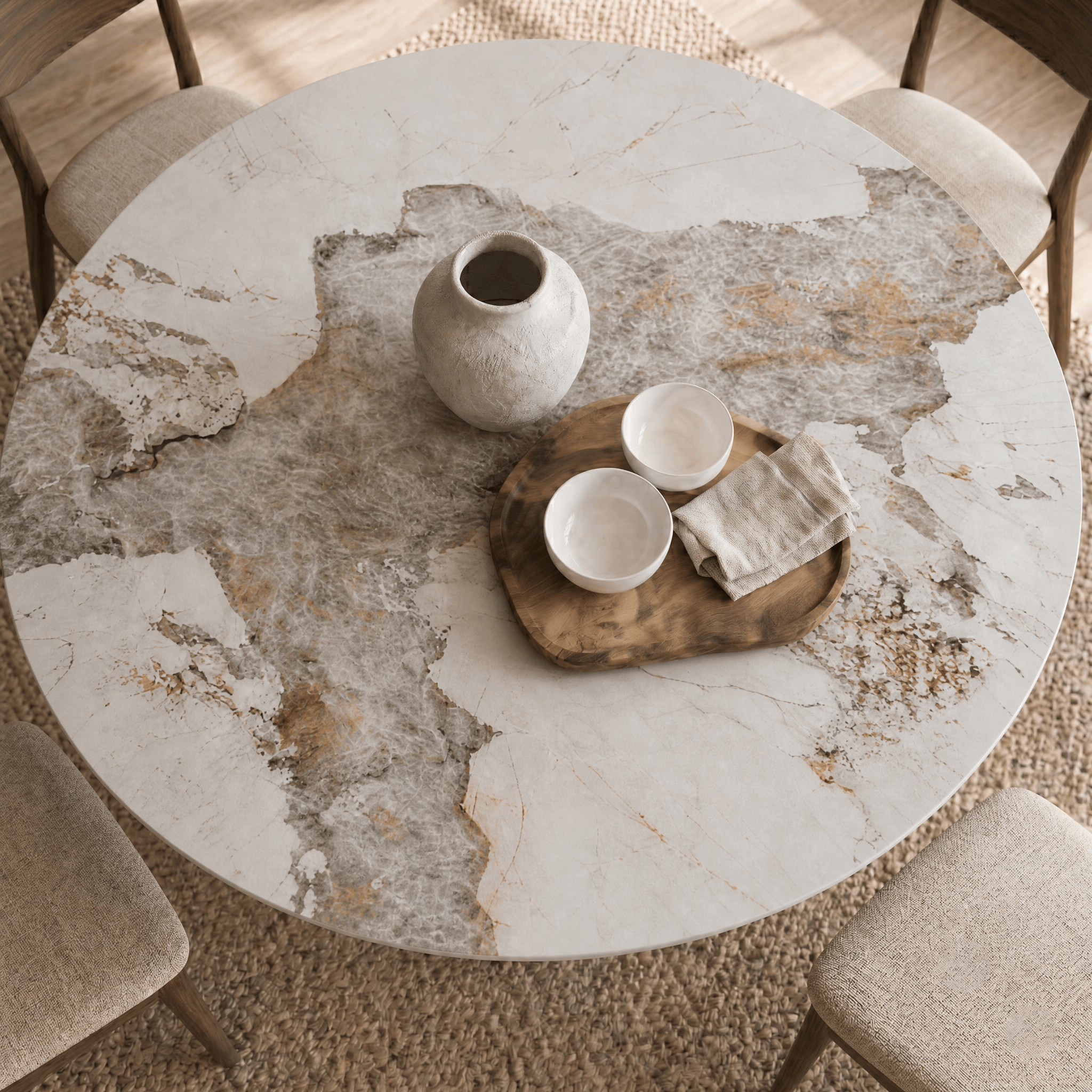 Mid-Century Round Dining Table With Sintered Stone Top & Solid Wood Splayed Leg Base For 2-8 - image 7