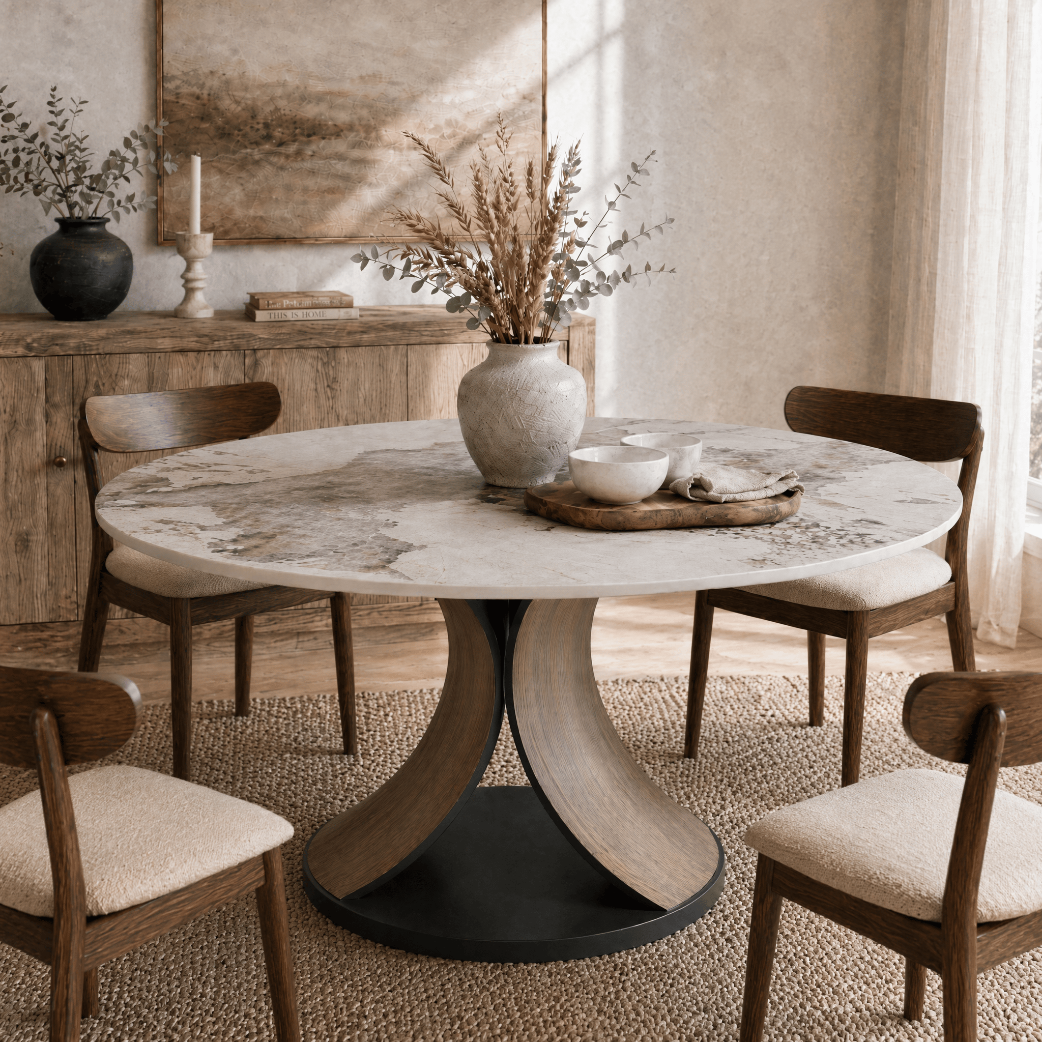 Mid-Century Round Dining Table With Sintered Stone Top & Solid Wood Splayed Leg Base For 2-8 - Pandora - 63"Table - image 5