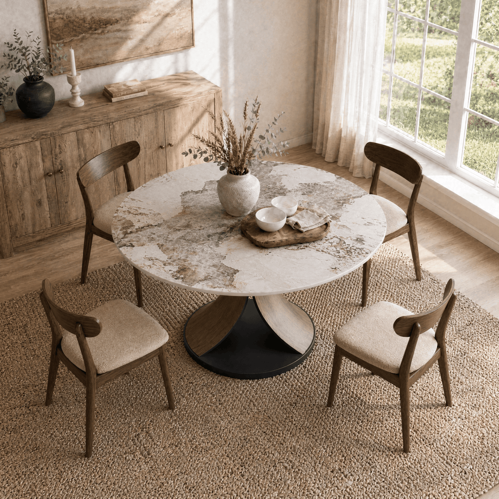 Mid-Century Round Dining Table With Sintered Stone Top & Solid Wood Splayed Leg Base For 2-8 - image 9