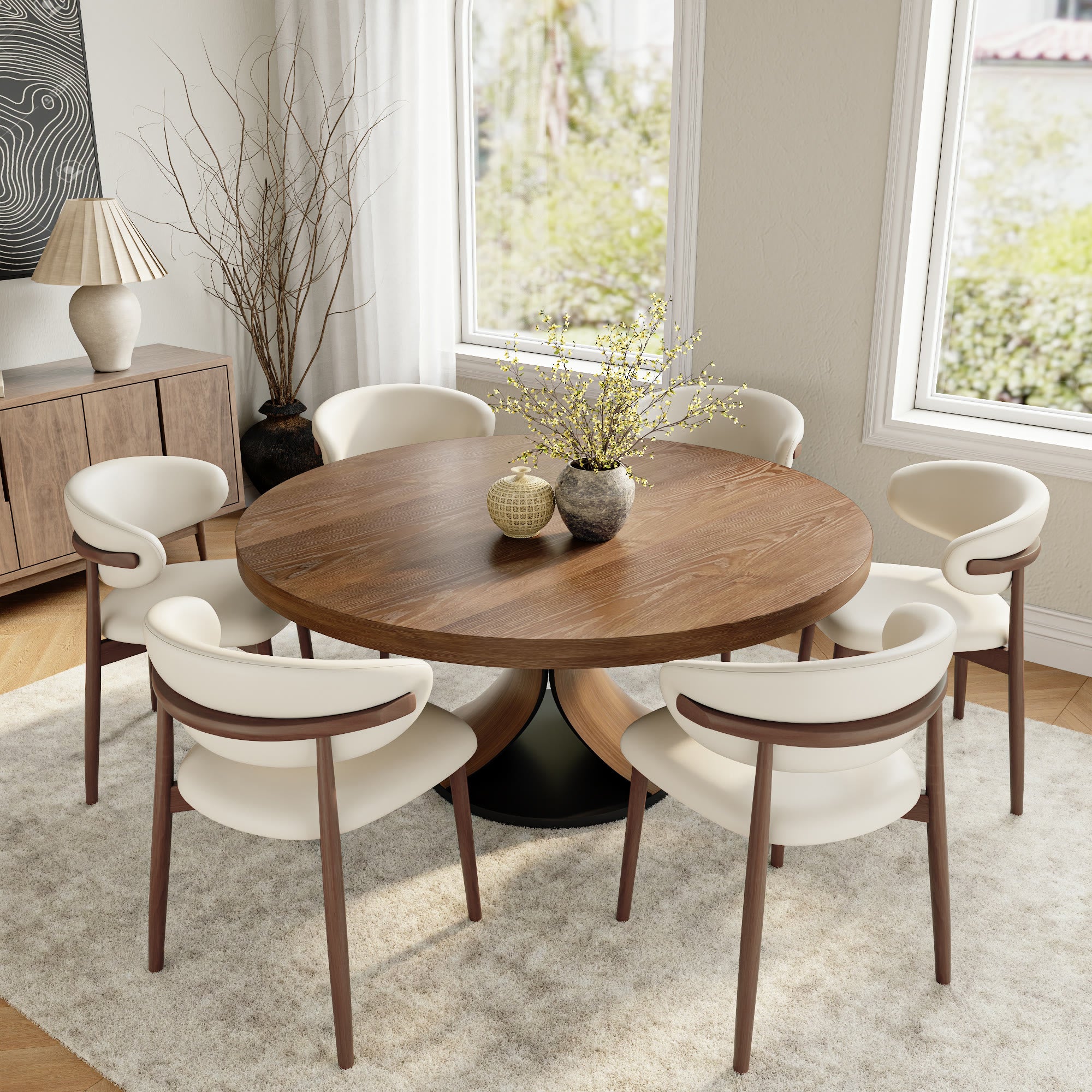 Round Dining Table Set with 4/6/8 Curved Backrest Solid Wood Dining Chairs - Dark Walnut - 59" Table+6x Chairs - image 9