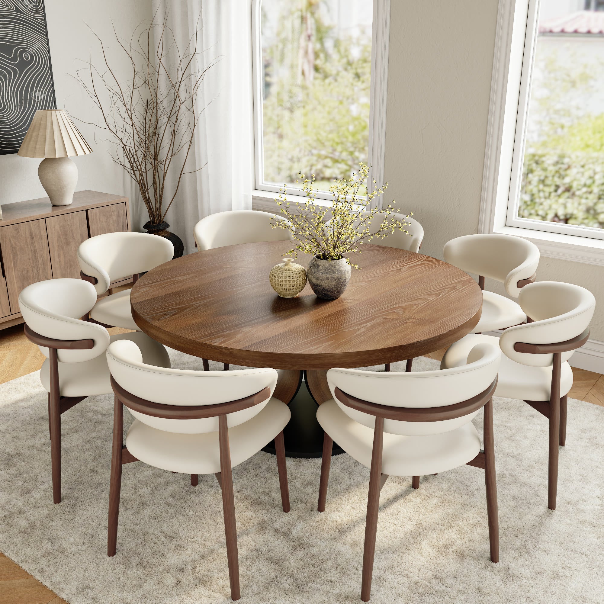 Round Dining Table Set with 4/6/8 Curved Backrest Solid Wood Dining Chairs - Dark Walnut - 59" Table+8x Chairs - image 12