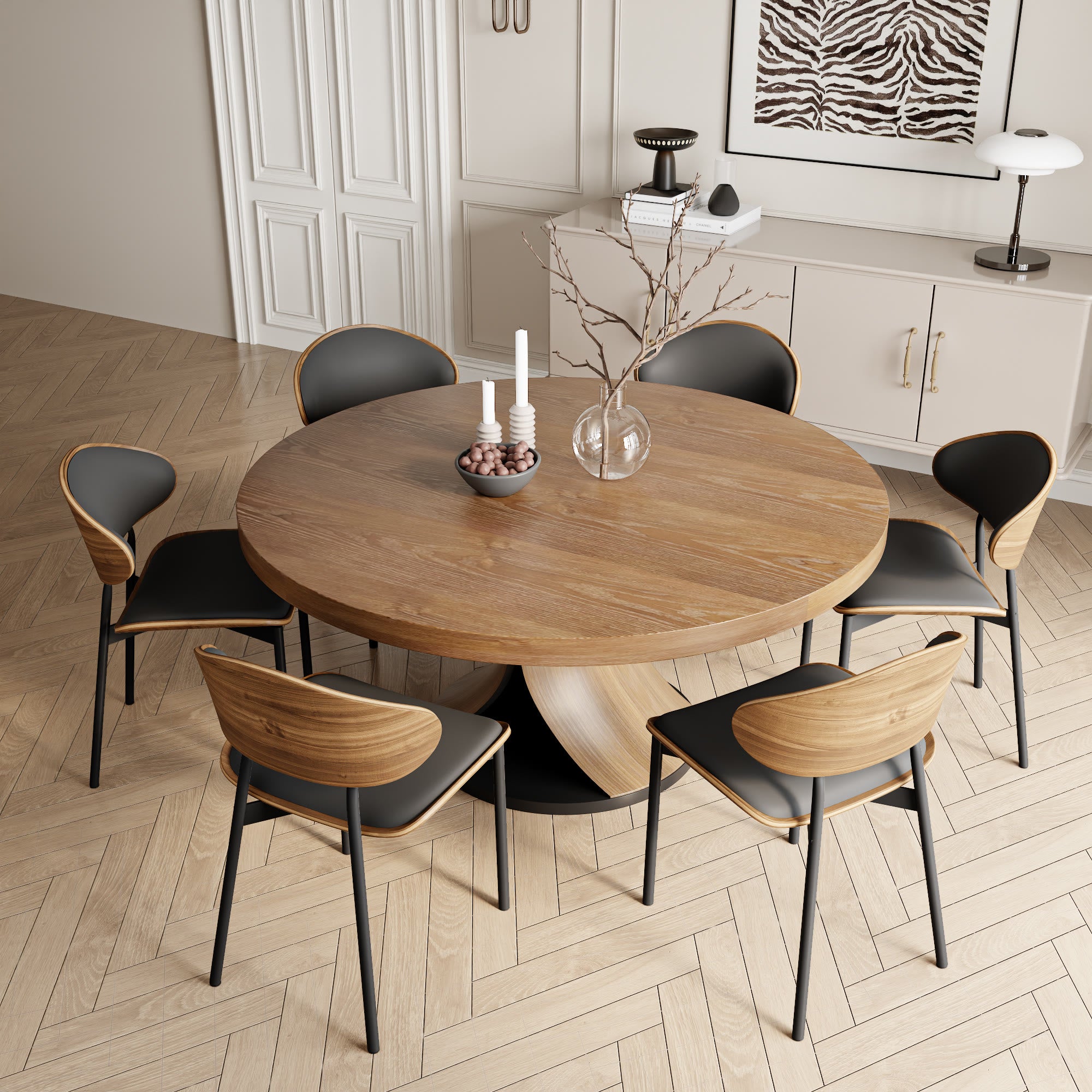 Round Dining Table Set with 2/4/6/8 Simple Curved Solid Wood Leather Dining Chairs - Dark Walnut - 59" Table+6x Chairs - image 7