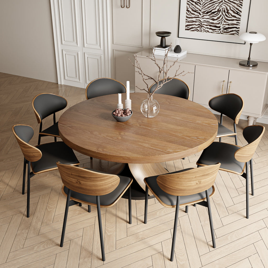 Round Dining Table Set with 2/4/6/8 Simple Curved Solid Wood Leather Dining Chairs - Dark Walnut - 59" Table+8x Chairs - image 8