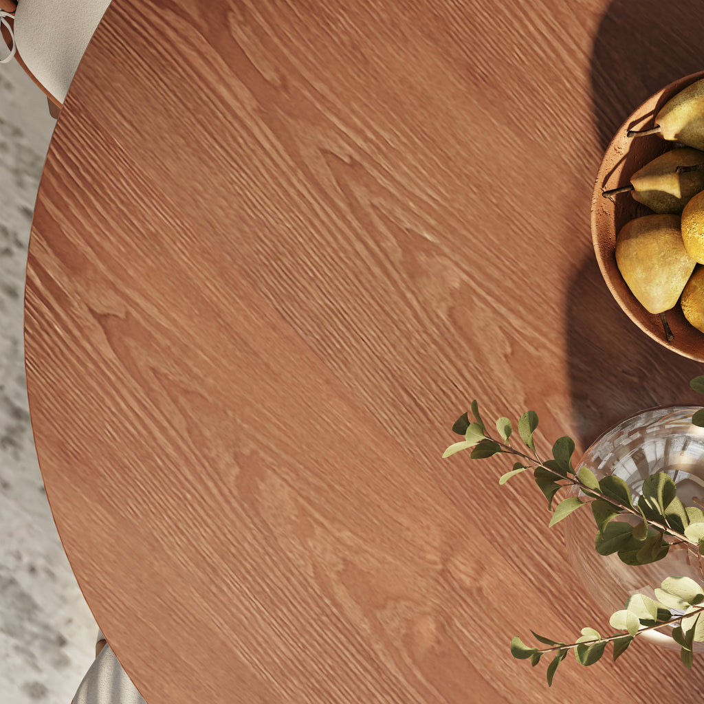 Calen Walnut-Tone Round Wood Pedestal Dining Table with Sculptural Column Base - image 1