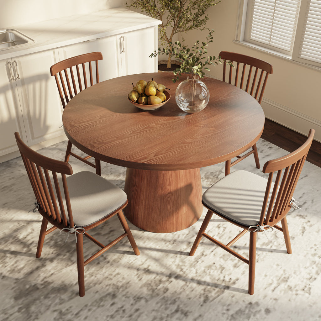 Calen Walnut-Tone Round Wood Pedestal Dining Table with Sculptural Column Base - image 3