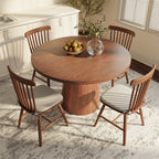 Calen Walnut-Tone Round Wood Pedestal Dining Table with Sculptural Column Base - image 3
