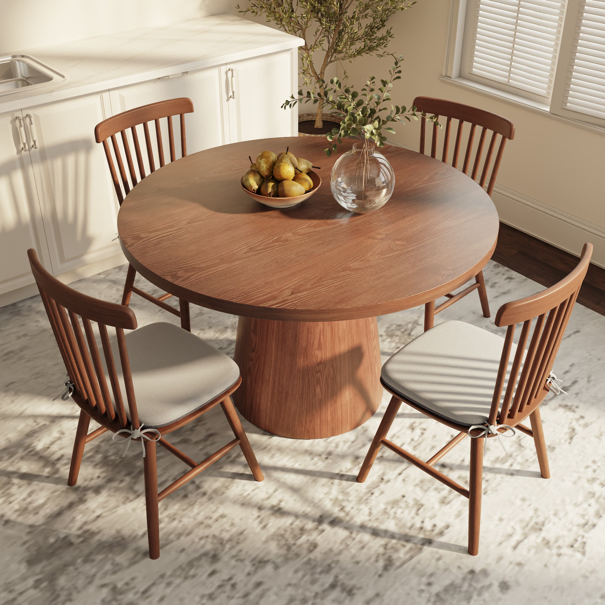 Calen Walnut-Tone Round Wood Pedestal Dining Table with Sculptural Column Base - image 3