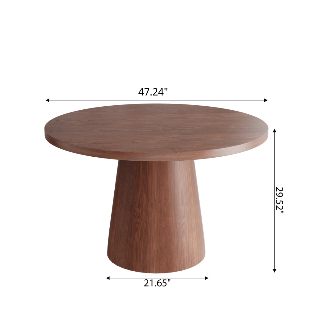Calen Walnut-Tone Round Wood Pedestal Dining Table with Sculptural Column Base - image 7
