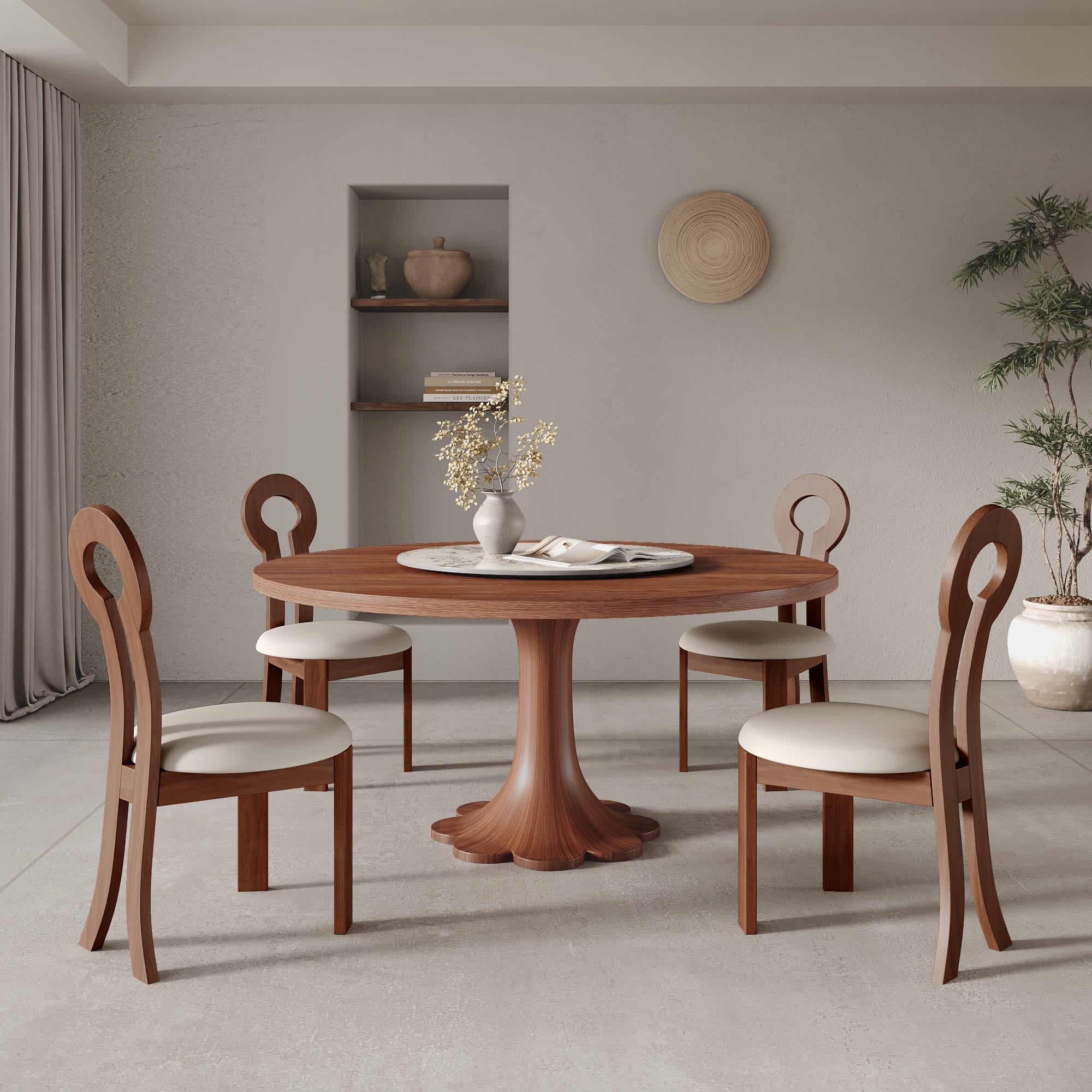 Liora Walnut Round Solid Wood Pedestal Dining Table with Solid Wood Top and Pandora Stone Removable Lazy Susan - image 4