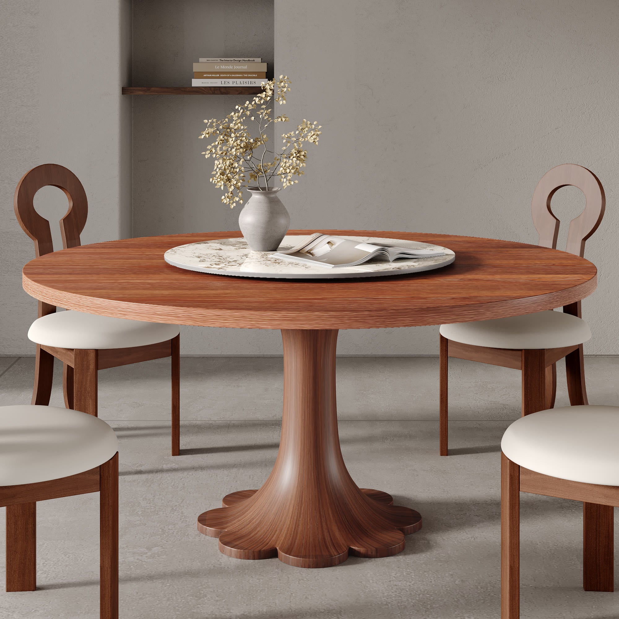 Liora Walnut Round Solid Wood Pedestal Dining Table with Solid Wood Top and Pandora Stone Removable Lazy Susan - 59.05'' W X 59.05'' D X 29.53'' H - image 0