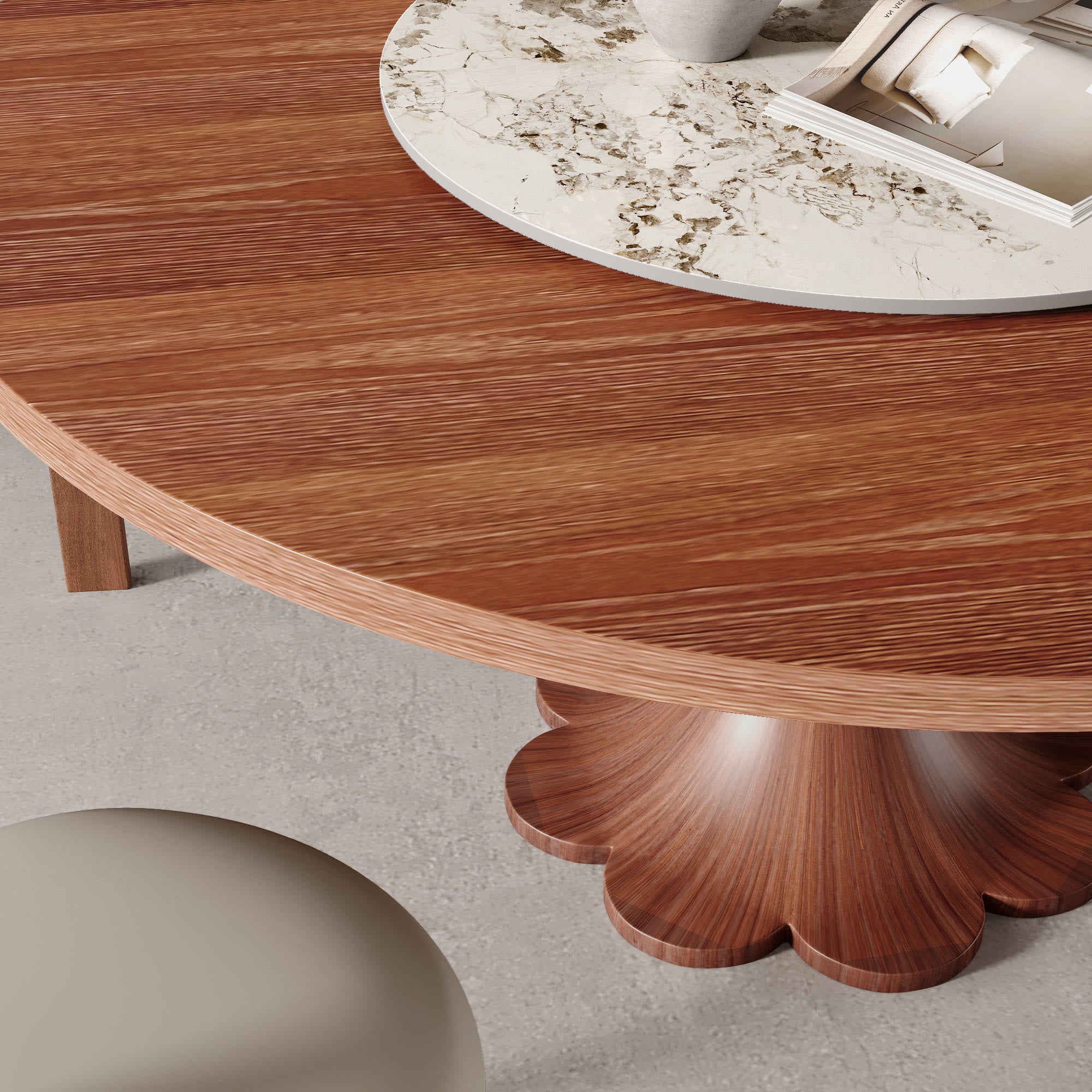 Liora Walnut Round Solid Wood Pedestal Dining Table with Solid Wood Top and Pandora Stone Removable Lazy Susan - image 1