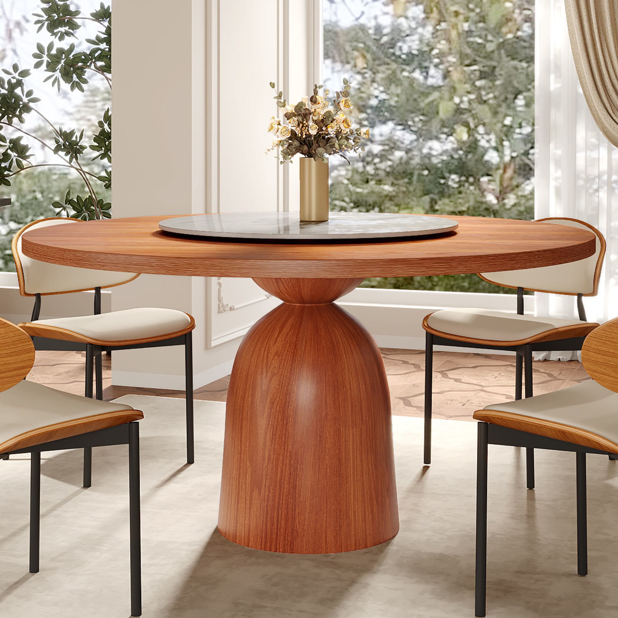 Soluna Walnut Round Solid Wood Pedestal Dining Table with Solid Wood Top and Snow White Stone Lazy Susan - 59.05'' W X 59.05'' D X 29.53'' H - image 0