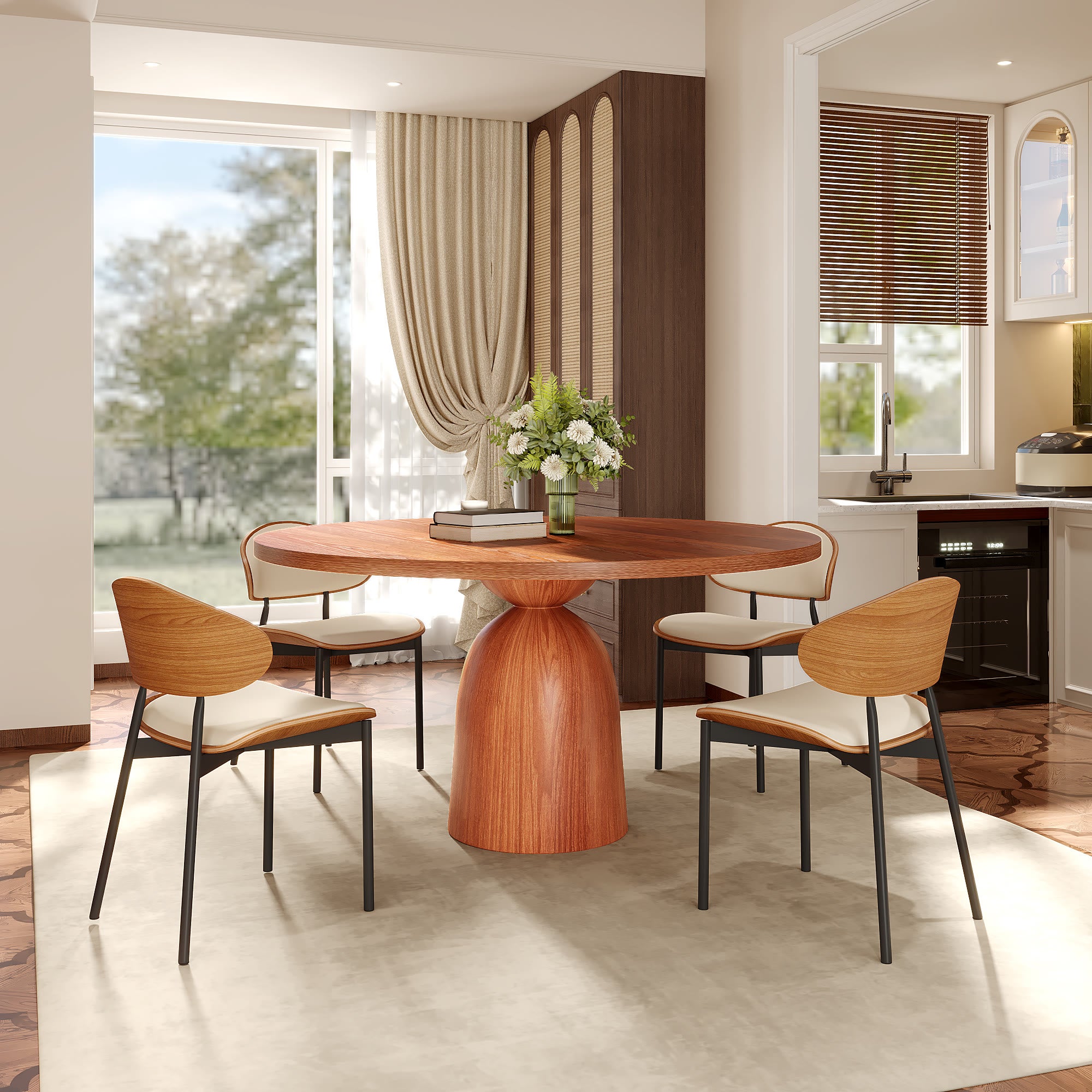 Soluna Walnut Round Solid Wood Pedestal Dining Table with Solid Wood Top and Snow White Stone Lazy Susan - image 1