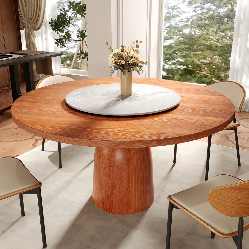 Soluna Walnut Round Solid Wood Pedestal Dining Table with Solid Wood Top and Snow White Stone Lazy Susan - image 2