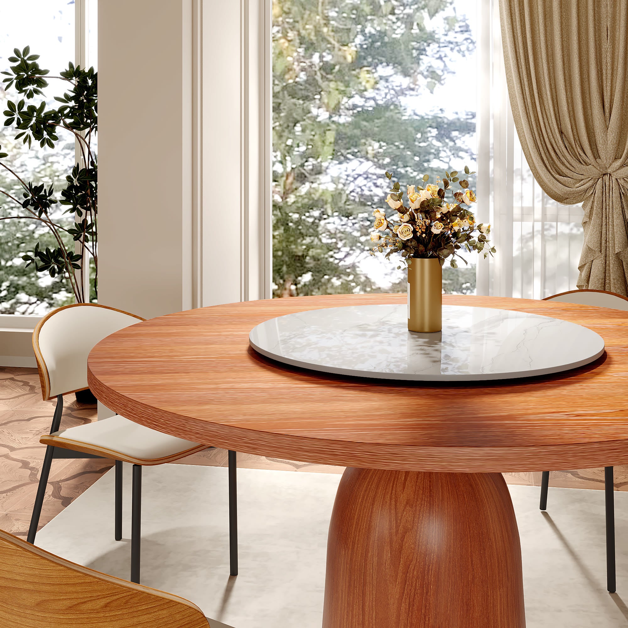 Soluna Walnut Round Solid Wood Pedestal Dining Table with Solid Wood Top and Snow White Stone Lazy Susan - image 3