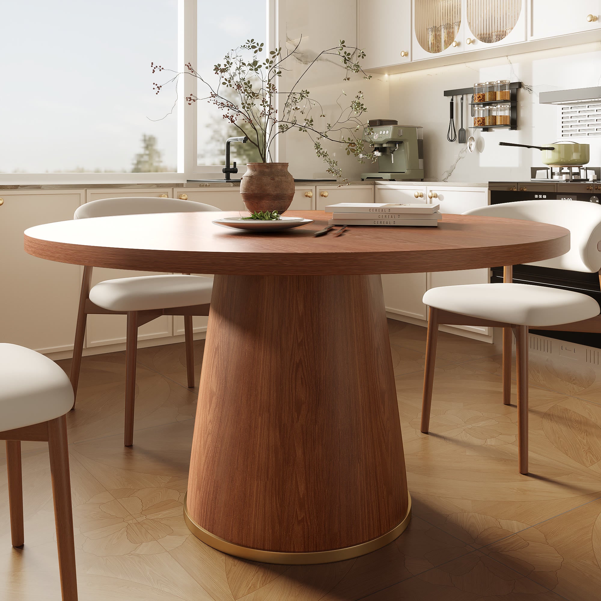 7-Piece Rubber Wood Kitchen Round Dining Table With Bucket Base With Curved Backrest  Dining Chairs - image 4