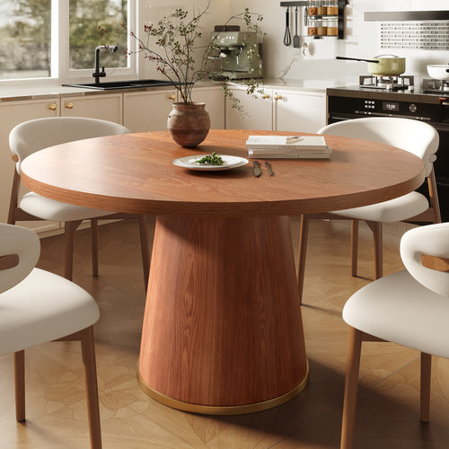 7-Piece Rubber Wood Kitchen Round Dining Table With Bucket Base With Curved Backrest  Dining Chairs - Wood - 59.05"Table+6x Dining Chairs - image 0