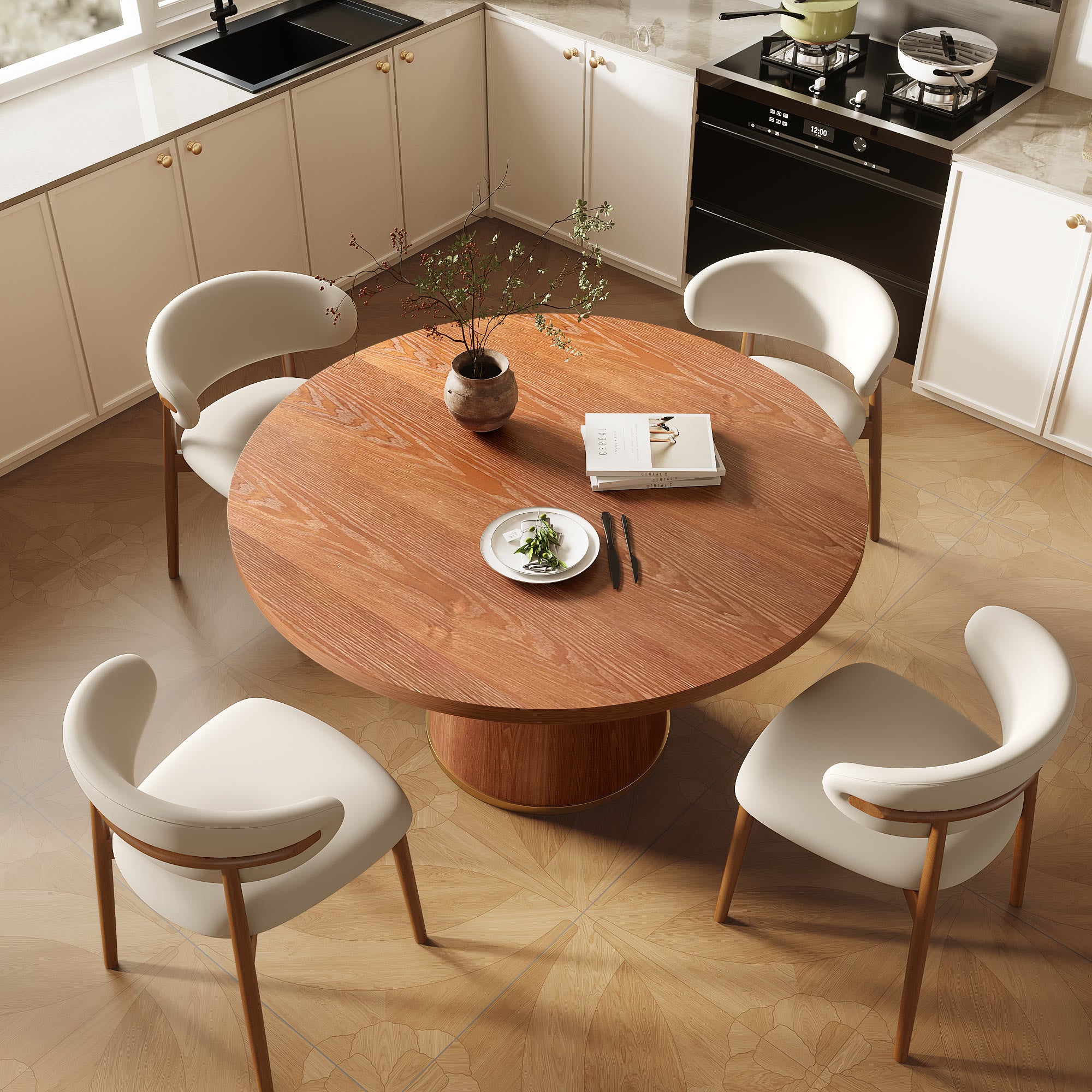 7-Piece Rubber Wood Kitchen Round Dining Table With Bucket Base With Curved Backrest  Dining Chairs - image 5