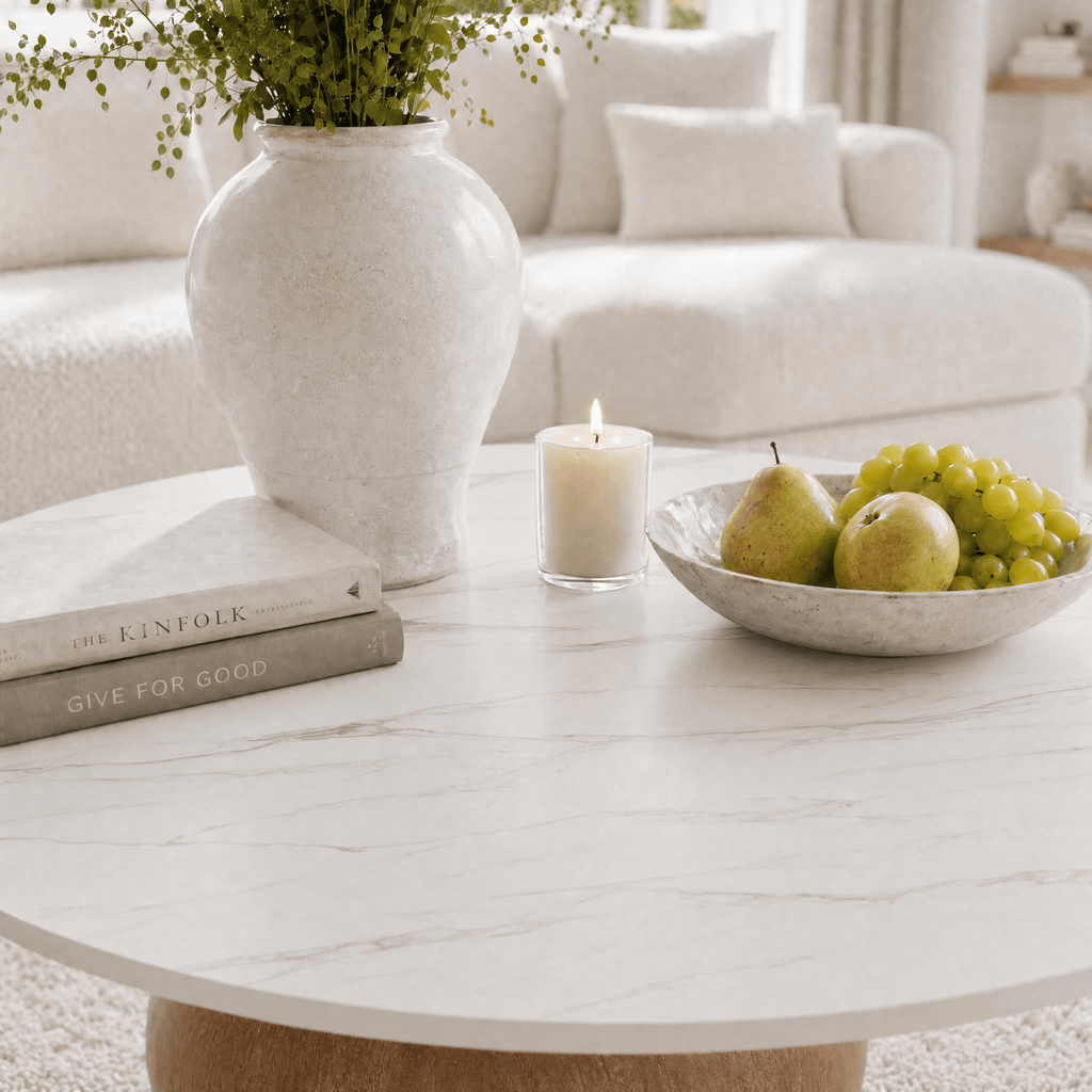 Modern Round Coffee Table: Sintered Stone Top & Solid Wood Pedestal Base - image 1