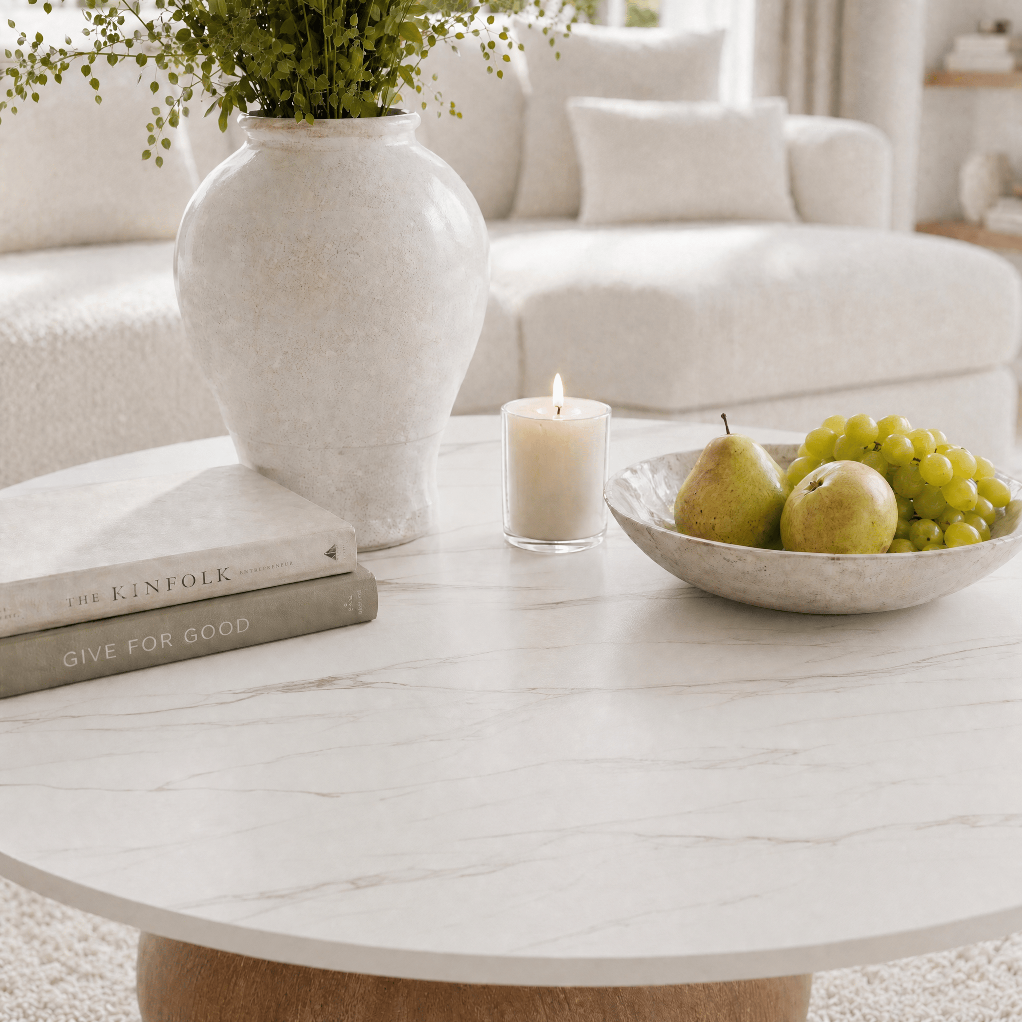 Modern Round Coffee Table: Sintered Stone Top & Solid Wood Pedestal Base - image 1
