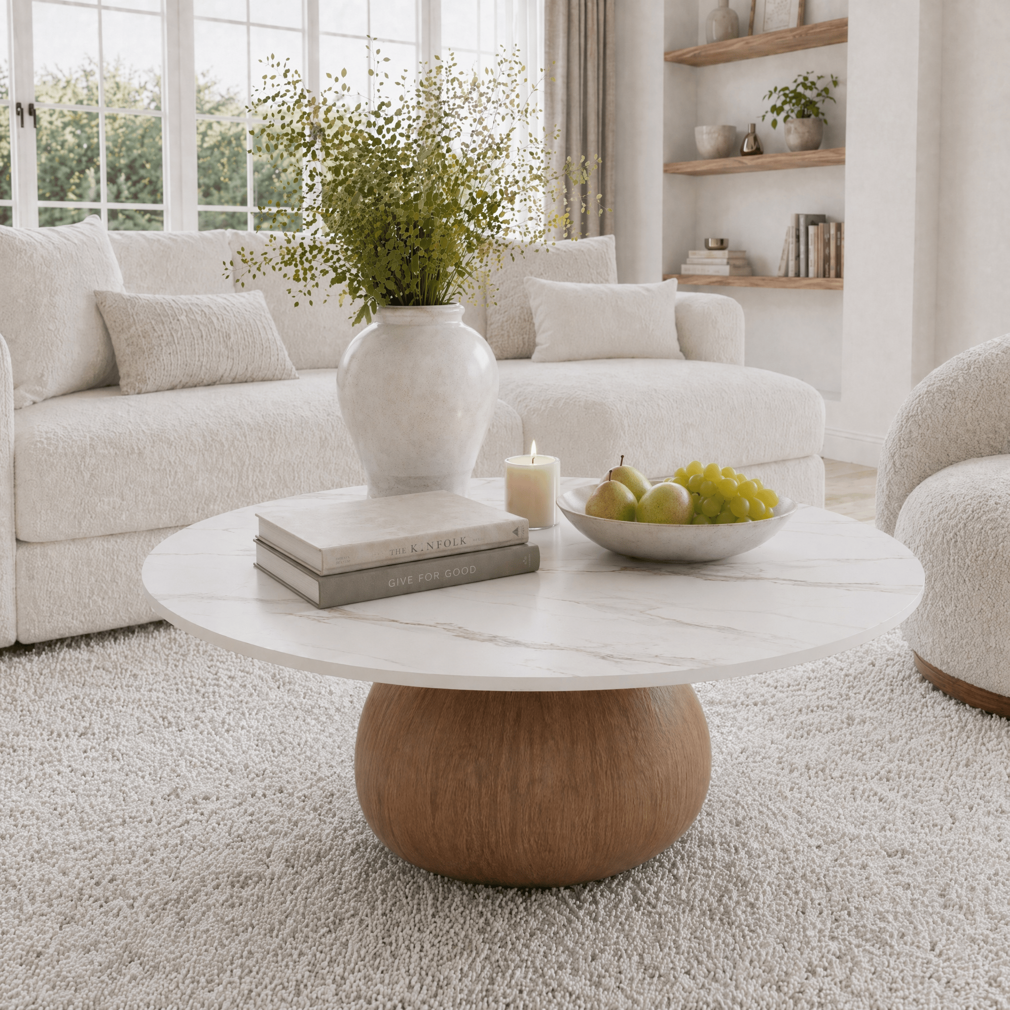 Modern Round Coffee Table: Sintered Stone Top & Solid Wood Pedestal Base - Snowy White - 41" Table - image 0