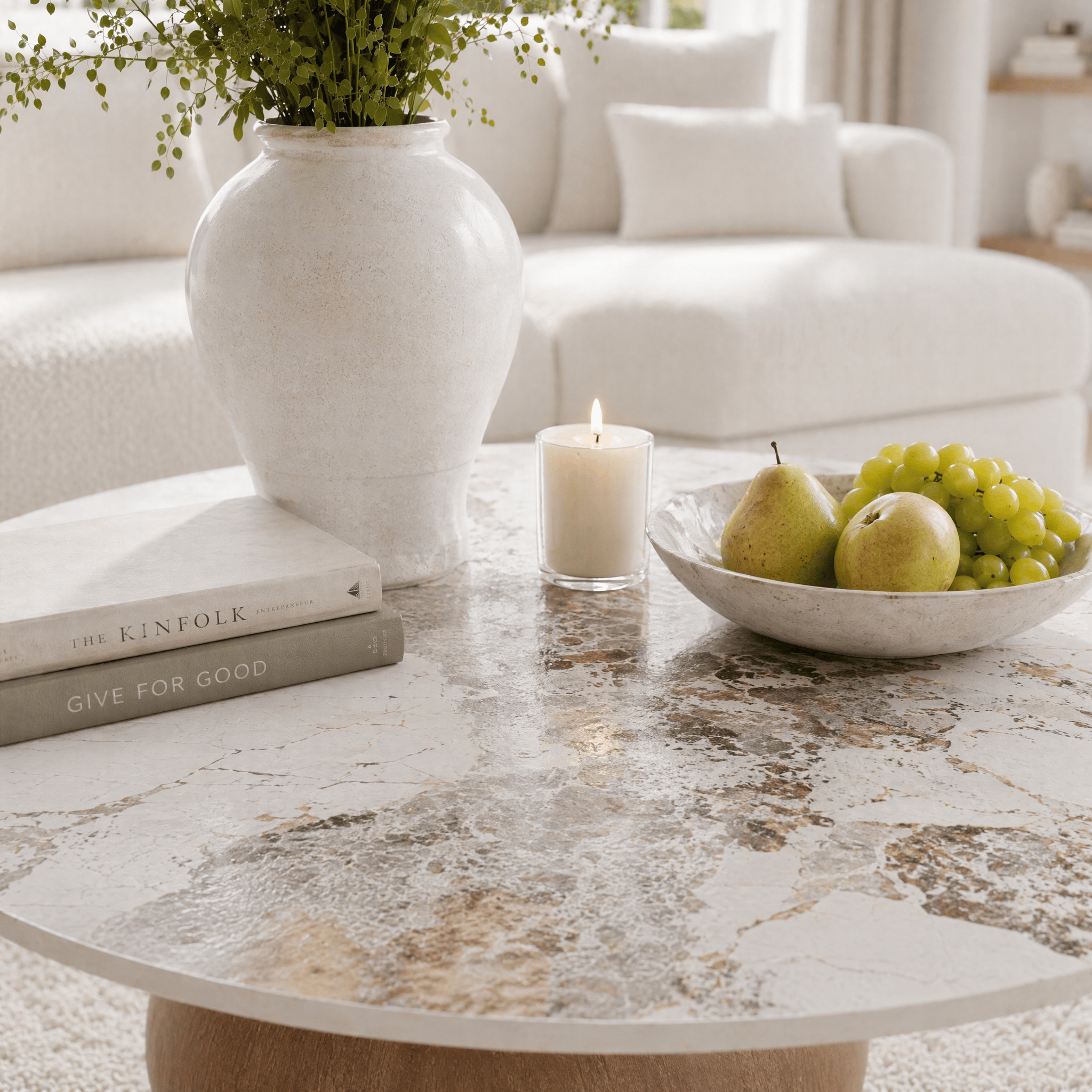 Modern Round Coffee Table: Sintered Stone Top & Solid Wood Pedestal Base - image 4
