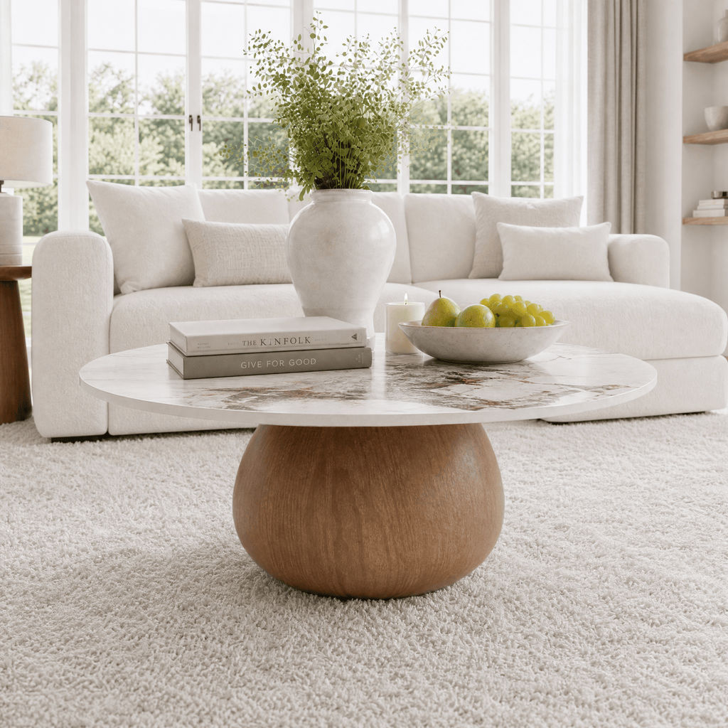 Modern Round Coffee Table: Sintered Stone Top & Solid Wood Pedestal Base - Pandora - 41" Table - image 3