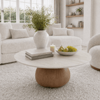 Modern Round Coffee Table: Sintered Stone Top & Solid Wood Pedestal Base - Travertine - 41" Table - image 6