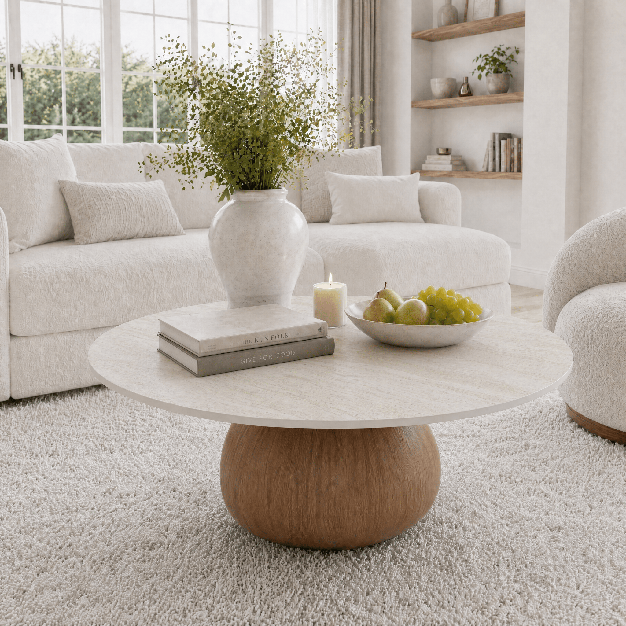 Modern Round Coffee Table: Sintered Stone Top & Solid Wood Pedestal Base - Travertine - 41" Table - image 6