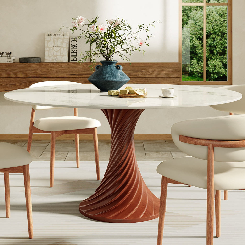 Walnut Spiral Base Dining Table with Sintered Stone Top For 2-8 - Snowy White - 59" Table - image 0