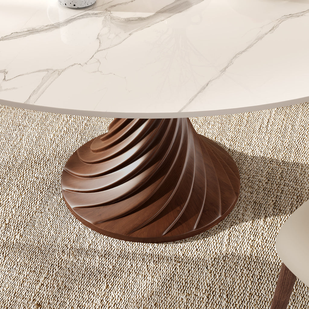 Modern Artistic Dining Table:Twisted Dark Wood Pedestal & Sintered Stone Top For 2-8 - image 1