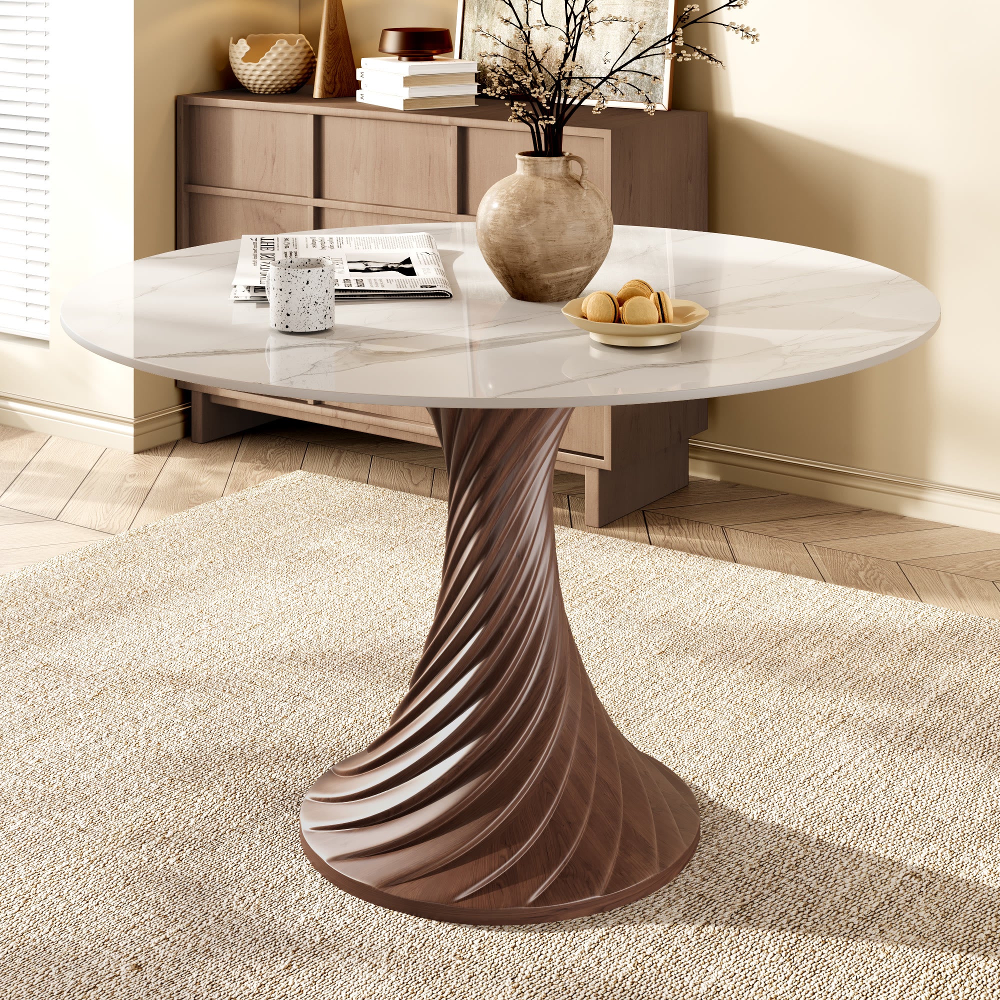 Modern Artistic Dining Table:Twisted Dark Wood Pedestal & Sintered Stone Top For 2-8 - Snowy White - 59" Table - image 0