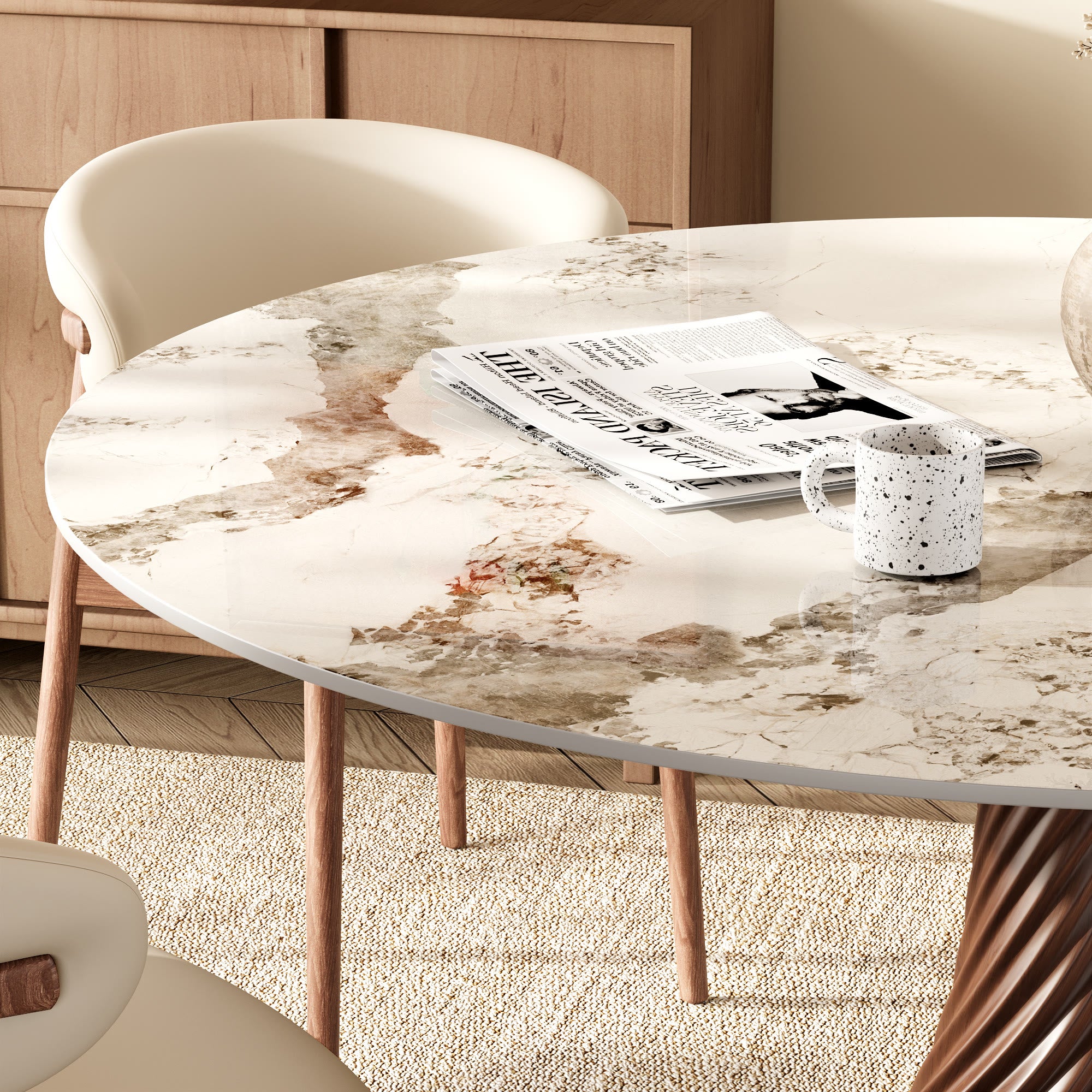 Modern Artistic Dining Table:Twisted Dark Wood Pedestal & Sintered Stone Top For 2-8 - image 5