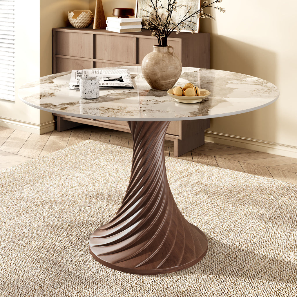 Modern Artistic Dining Table:Twisted Dark Wood Pedestal & Sintered Stone Top For 2-8 - Pandora - 59" Table - image 4