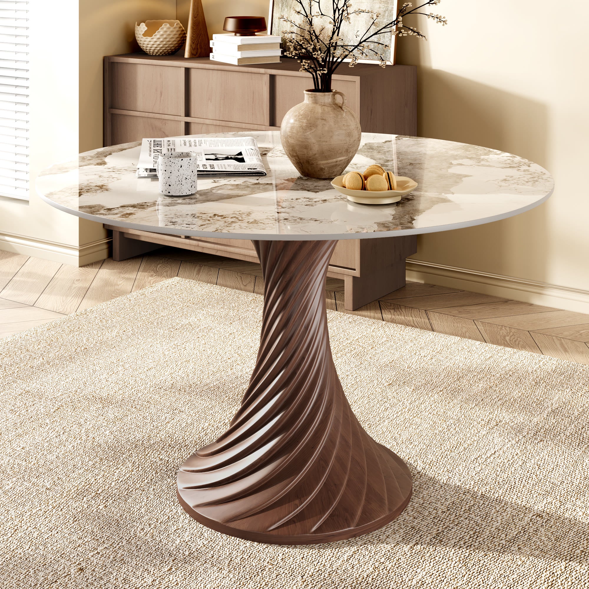 Modern Artistic Dining Table:Twisted Dark Wood Pedestal & Sintered Stone Top For 2-8 - Pandora - 59" Table - image 4