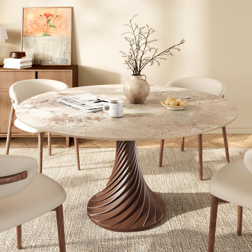 Modern Artistic Dining Table:Twisted Dark Wood Pedestal & Sintered Stone Top For 2-8 - Creamy - 59" Table - image 9