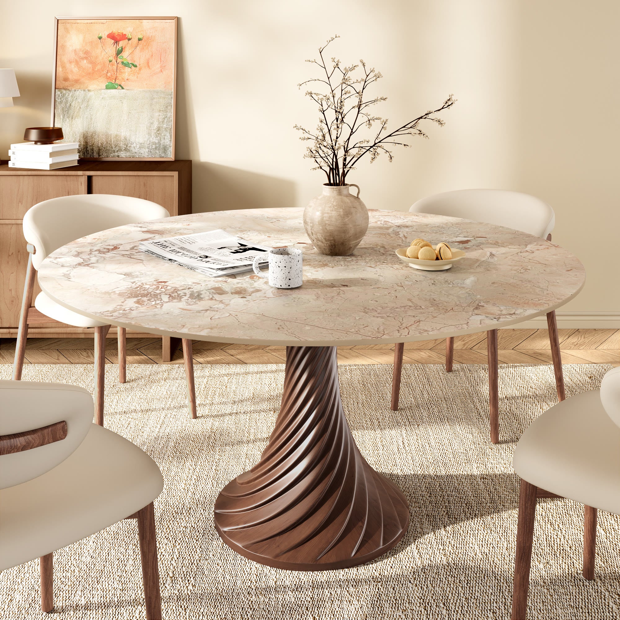 Modern Artistic Dining Table:Twisted Dark Wood Pedestal & Sintered Stone Top For 2-8 - Creamy - 59" Table - image 9