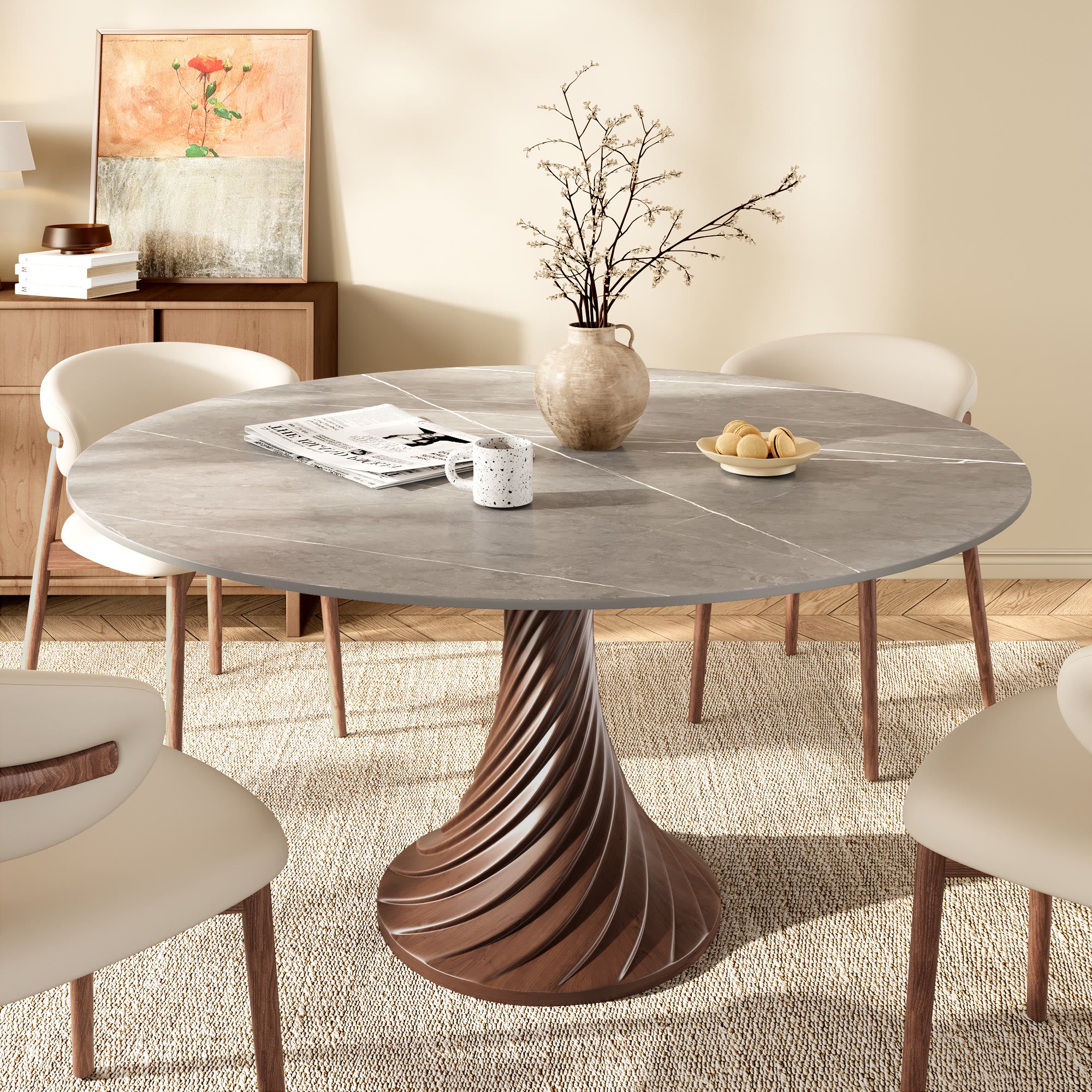 Modern Artistic Dining Table:Twisted Dark Wood Pedestal & Sintered Stone Top For 2-8 - Gray - 59" Table - image 13
