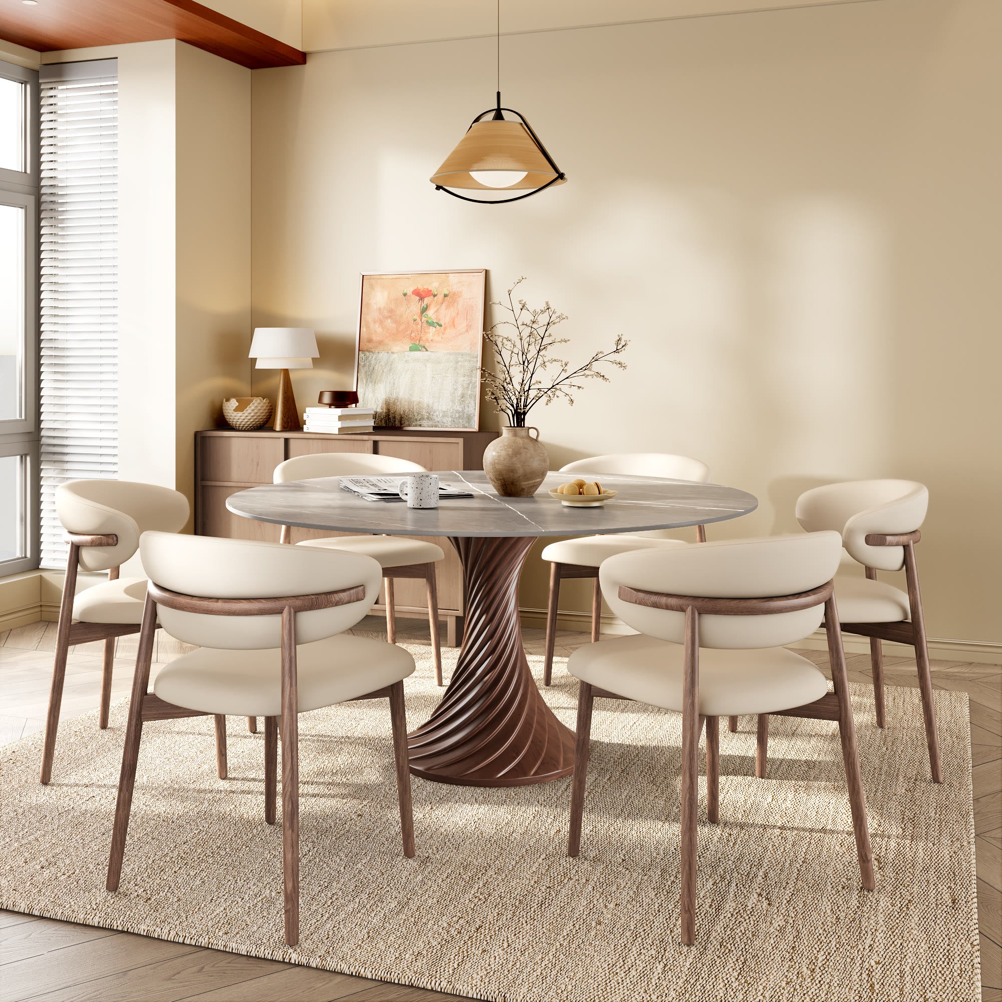 Modern Artistic Dining Table:Twisted Dark Wood Pedestal & Sintered Stone Top For 2-8 - image 16