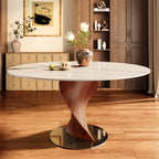 Mid-Century Modern Round Dining Table with Twisted Solid Wood Base & Sintered Stone Top - Snowy White - 59" Table - image 0