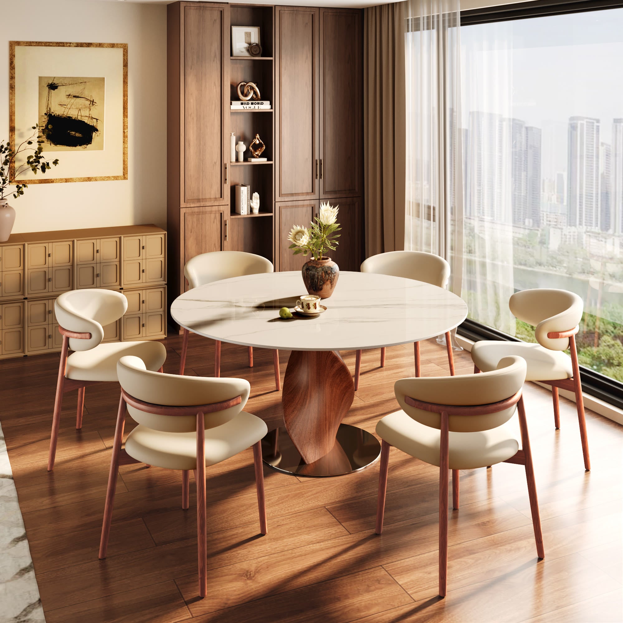 Mid-Century Modern Round Dining Table with Twisted Solid Wood Base & Sintered Stone Top - image 3