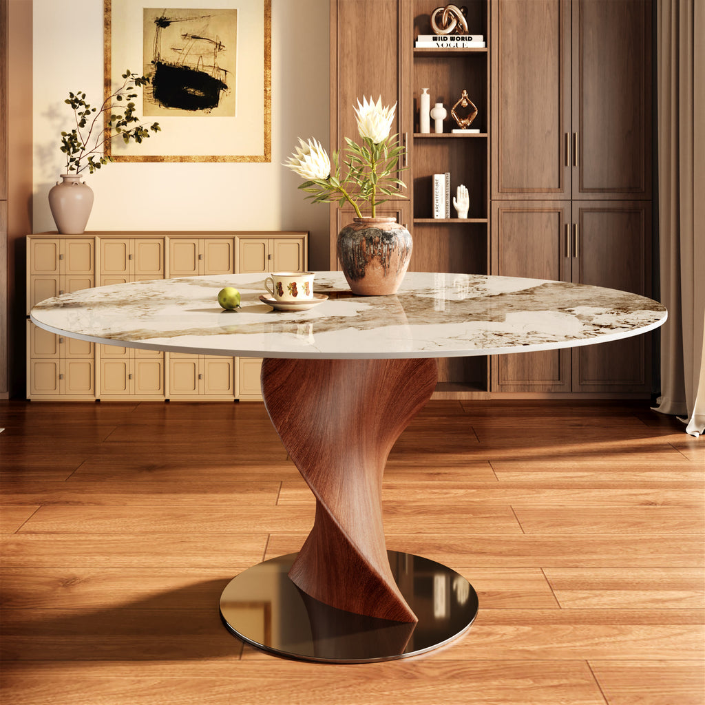 Mid-Century Modern Round Dining Table with Twisted Solid Wood Base & Sintered Stone Top - Pandora - 59" Table - image 4