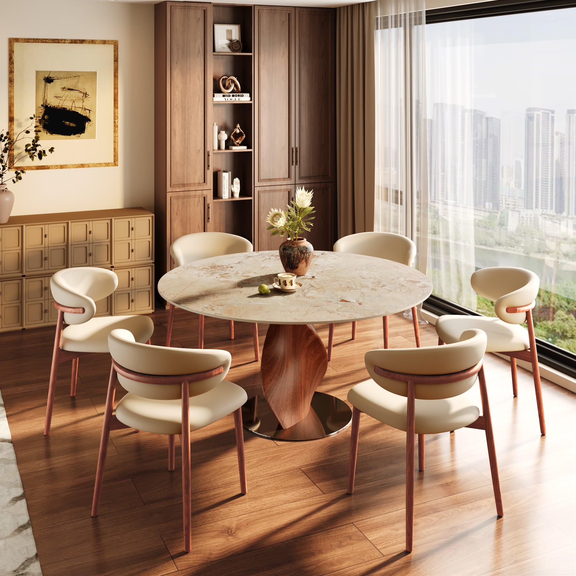 Mid-Century Modern Round Dining Table with Twisted Solid Wood Base & Sintered Stone Top - image 9