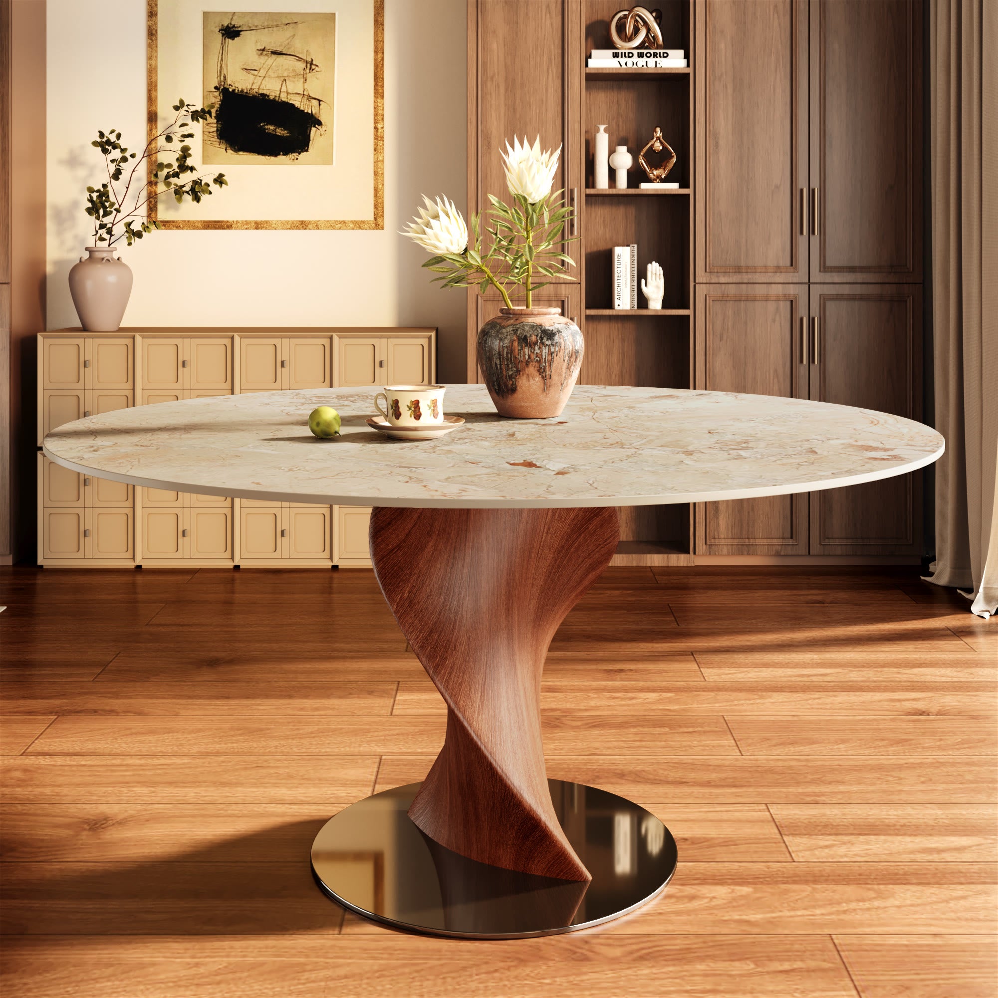 Mid-Century Modern Round Dining Table with Twisted Solid Wood Base & Sintered Stone Top - Creamy - 59" Table - image 7